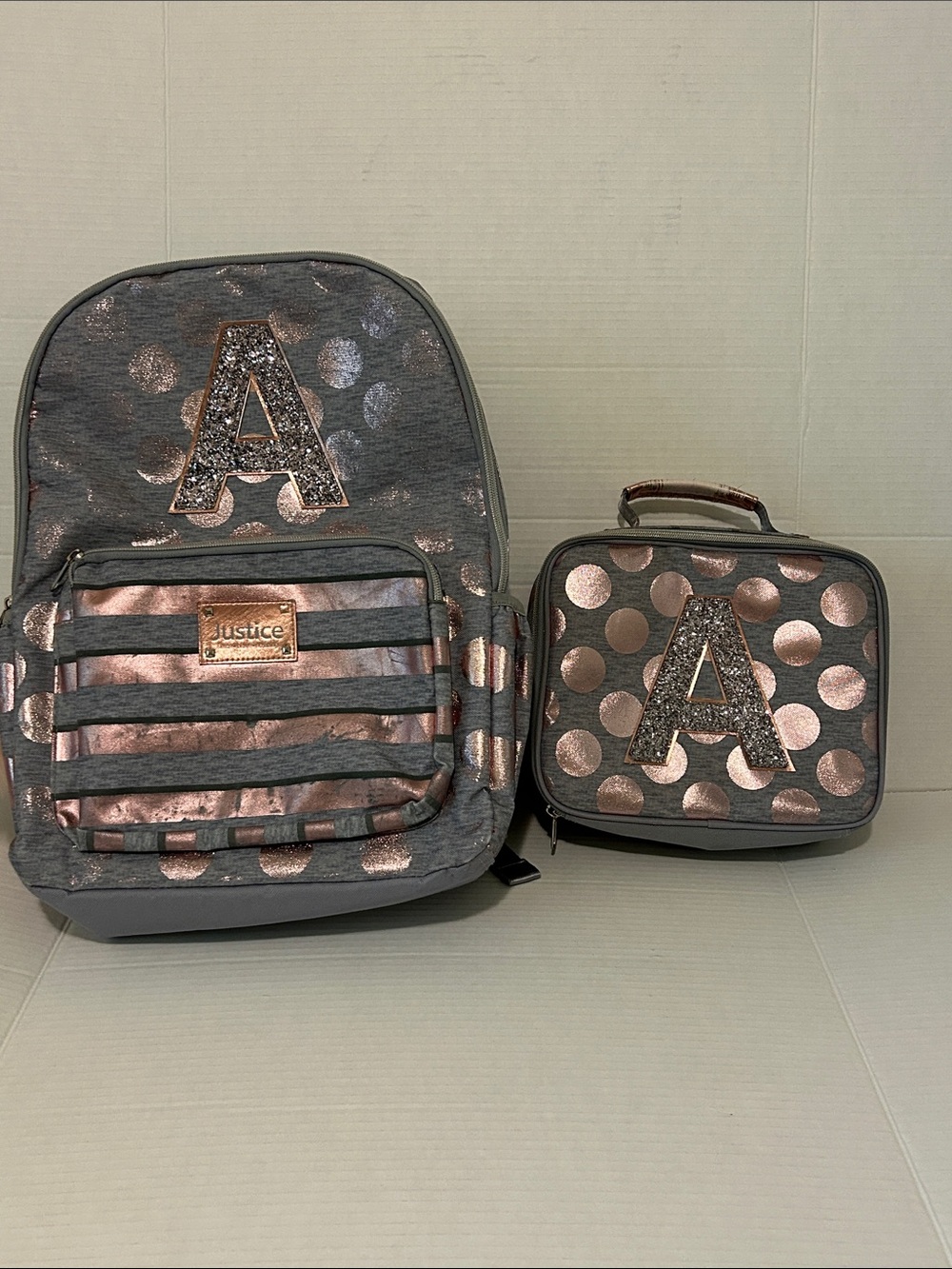 Justice ‘A’ Glitter Gray Backpack & Lunchbox Set with Rose Gold Polka Dots